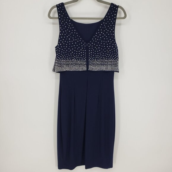 Joseph Ribkoff Embellished Sheath Cocktail Dress 10 Layered Sleeveless Navy Blue - Picture 2 of 14
